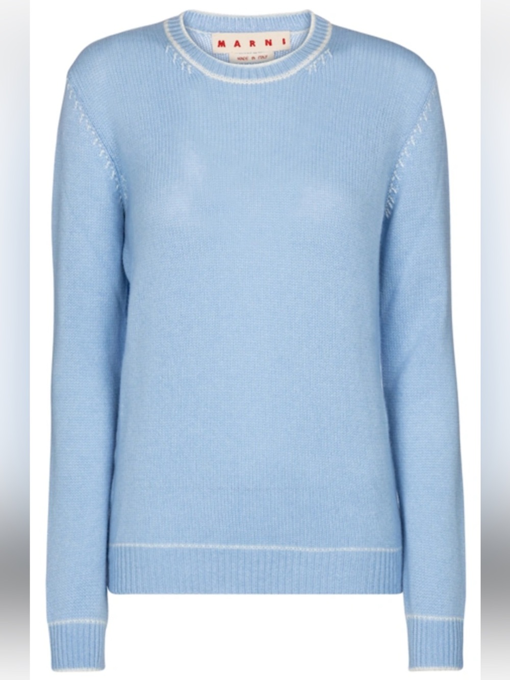 Marni Contrast Stitch Cashmere Crewneck Pullover Sweater in Powder Blue